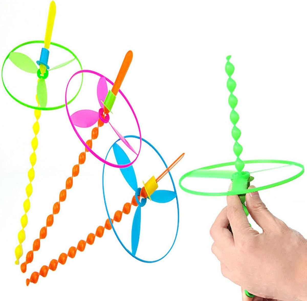 JIEOU hand spin flying helicopter toys, 20 colorful plastic bamboo dragonfly propellers - view 4