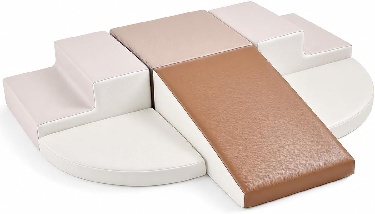 TODIBY 6-Piece Soft PU Leather Toddlers Climbing Toys - Beige Coffee / Regular Size