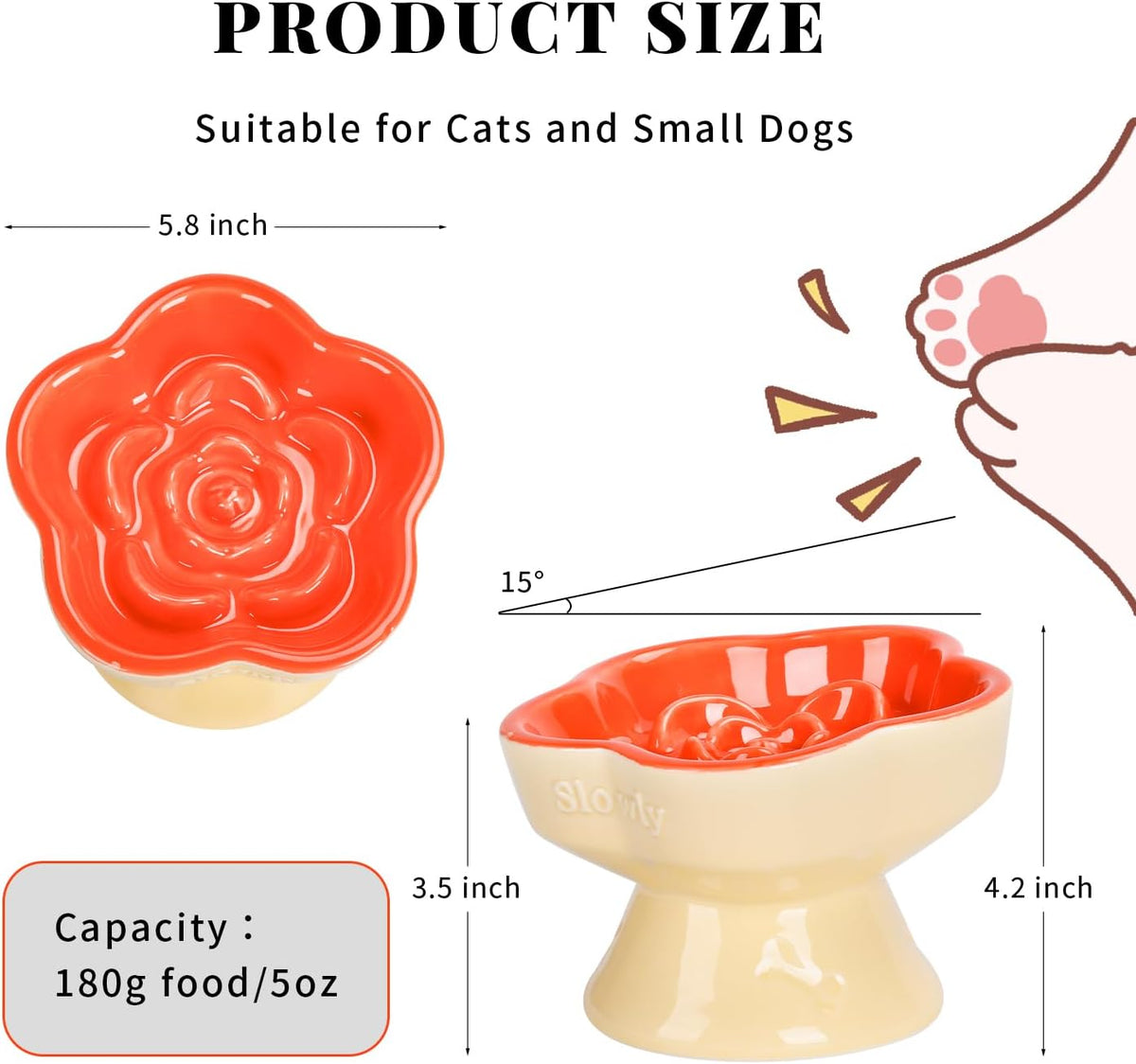 S&Q's CERAMICS Raised Slow Feeder Cat Bowl - 5.8" / Orange - image 2