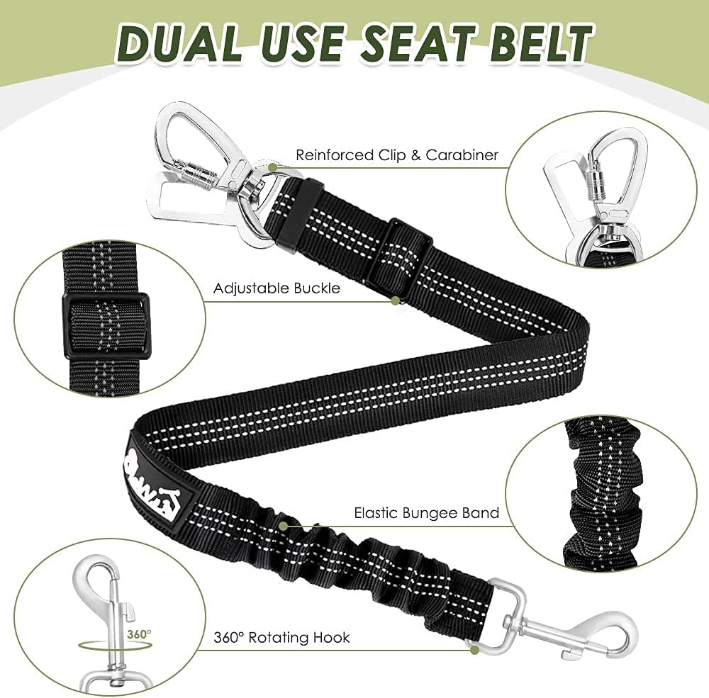 SlowTon Dog Seatbelt, 2 Pack Adjustable Heavy Duty Dog Safety Seat Belt – Essentials for Dogs - Black / Seatbelt Clip + Carabiner - image 4