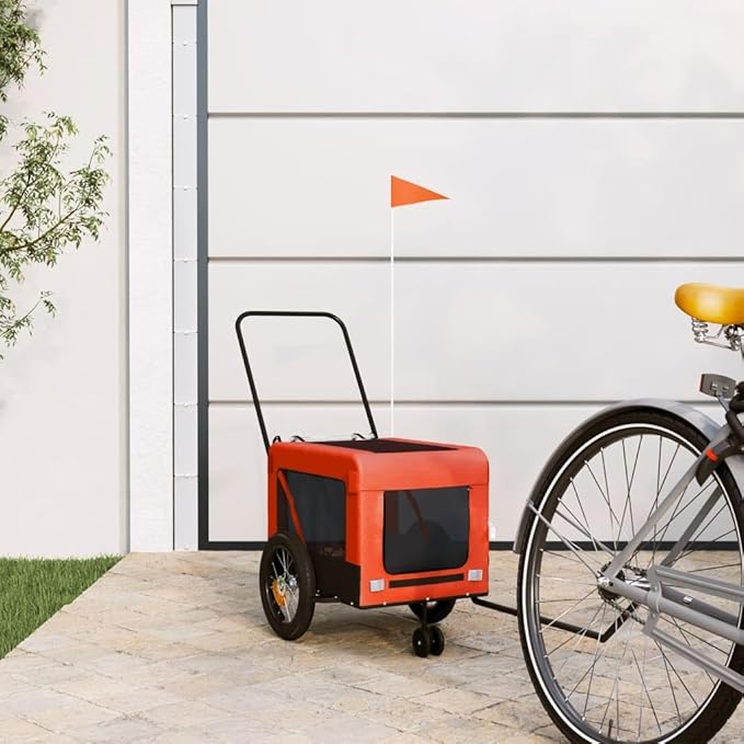 Tidyard Pet Bike Trailer Orange and Black Oxford Fabric and Iron Pet Bicycle Carrier, Animal Bike Stroller for Cat, Puppy, Dog, Outdoor, Travel Style C