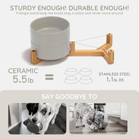 SPUNKYJUNKY Ceramic Dog and Cat Bowl Set with Wooden Stand, Modern Cute Weighted Food Water Bowl Set for Medium to Large Size Dogs (42 OZ, 2 × Grey)