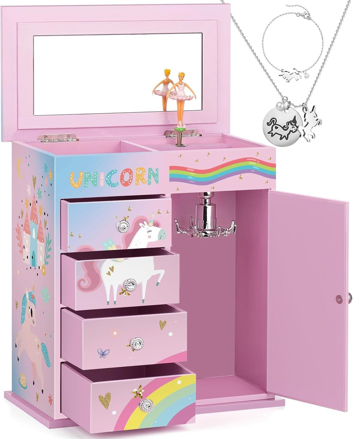 Jewelry Box for Girls 5-Layer with Swing Door Spinning Ballerina - Pink & Blue
