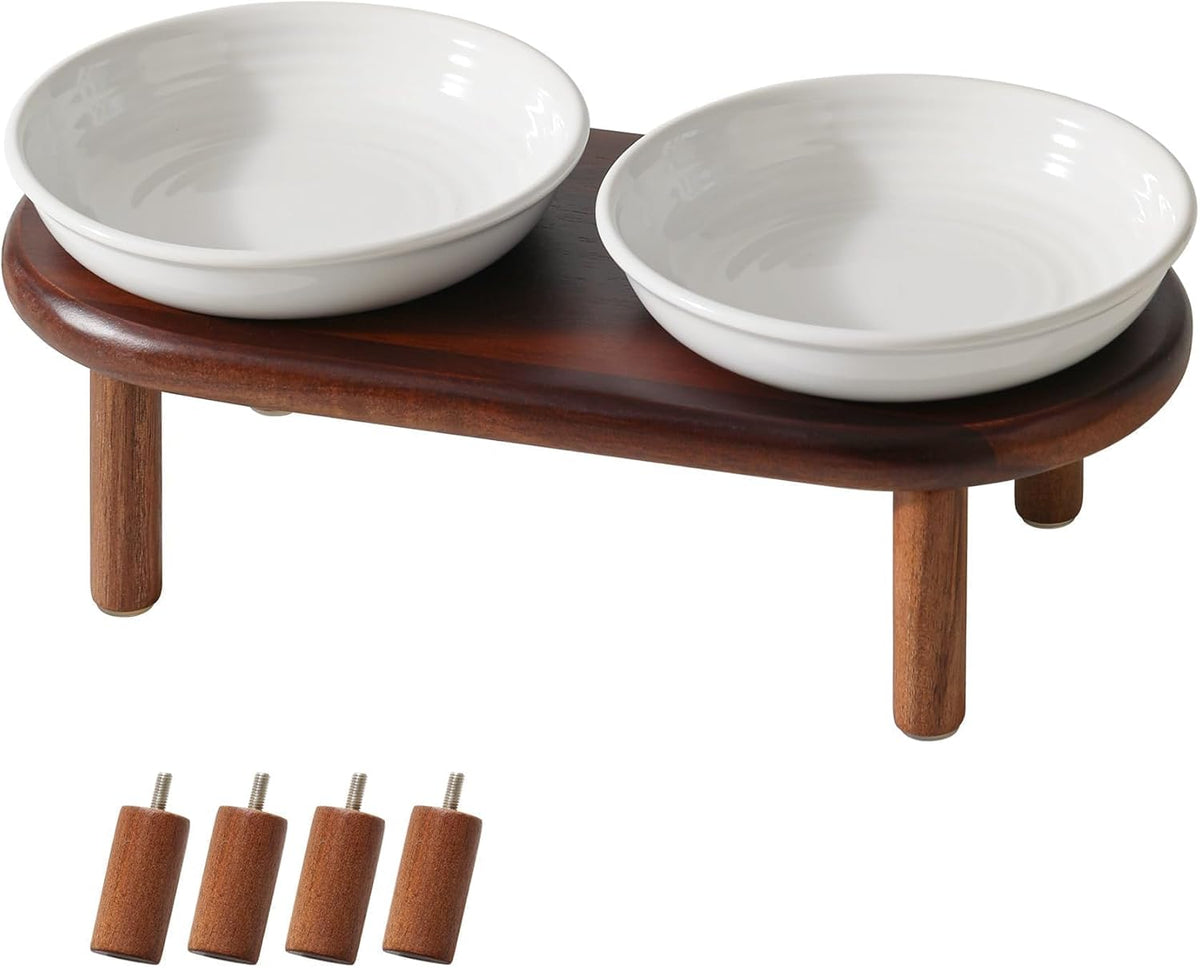 Elevated Cat Bowls, Ceramic Cat Bowl with Bamboo Stand Wide Opening – Essentials for Cats - White / Stripe Set + Acacia Wood