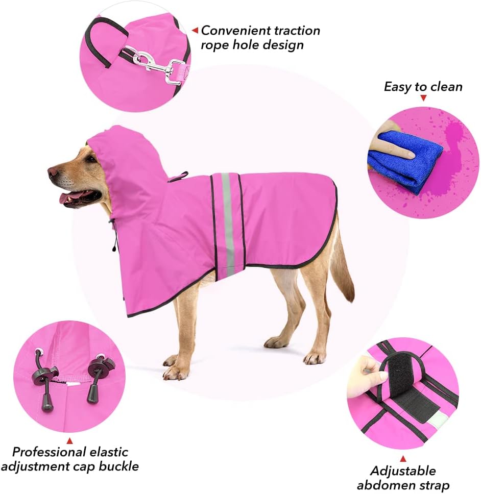 Waterproof Dog Raincoat, Adjustable Pet Rain Coats - Pink / Medium - image 3