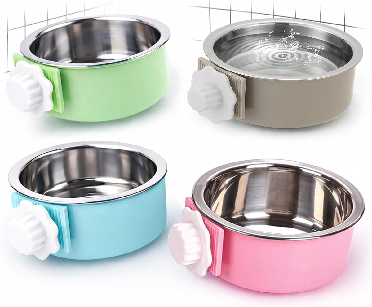 2 Pieces Crate Dog Bowl, Removable Stainless Steel Pet Kennel Hanging Food Water Feeder Bowl Cage - Blue,Green,Red,Grey