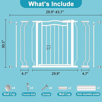 29.9-43.7 in Wide Baby Gate for Stairs Doorways, Auto Close Child Safety Gates Indoor for Dogs Pets, Pressure Mounted Metal Barrier Kids Toddler Door Walk Through, 30" Tall, White