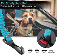 SlowTon Dog Seat Belt, Adjustable Dog Safety Belt Leash, 2 in 1 Latch Bar Attachment Dogs Car Seatbelt with Elastic Nylon Bungee Buffer, Reflective Nylon Belt Tether Connect to Dog Harness (Blue)