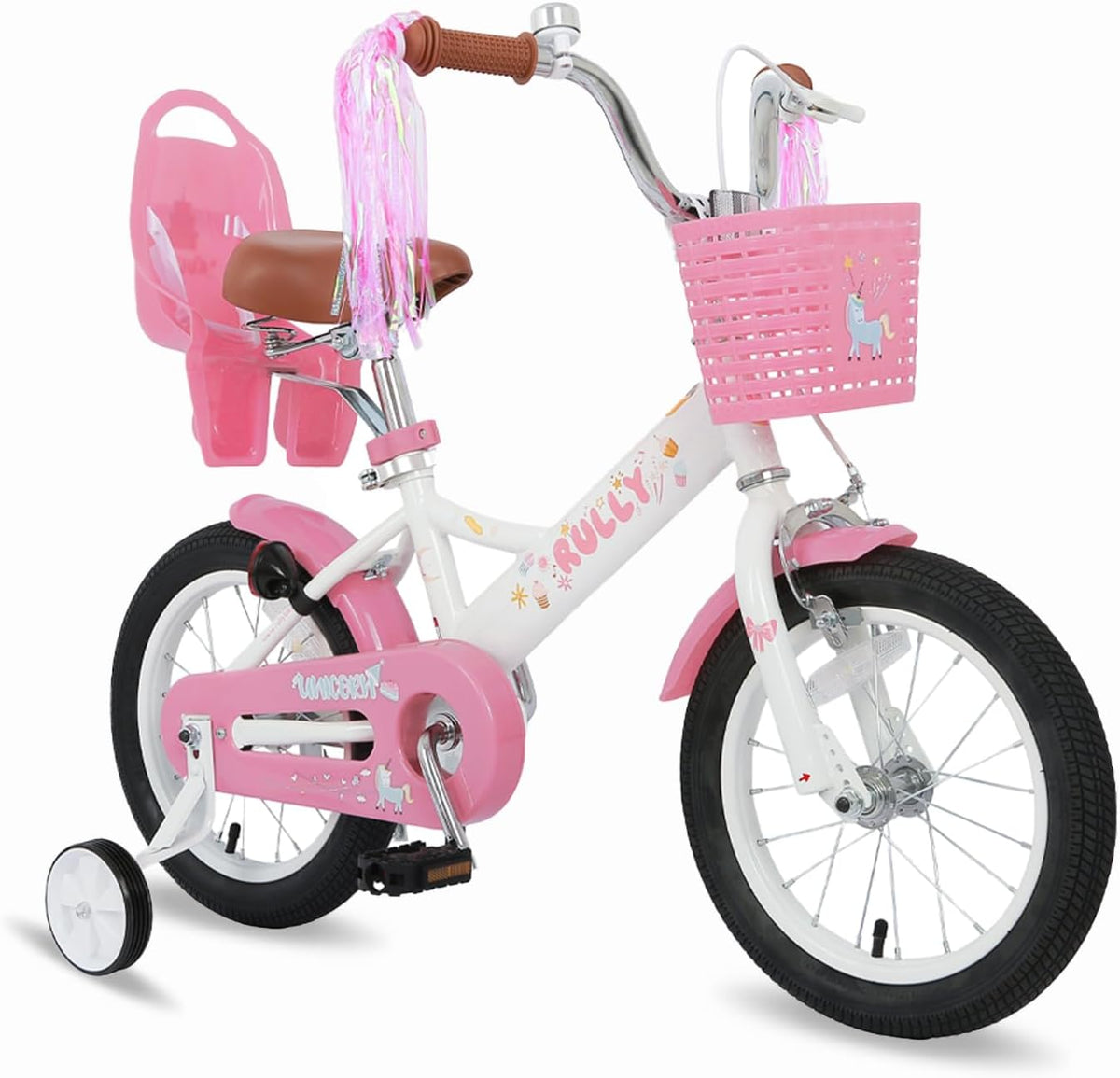 RULLY pink unicorn kids bike with training wheels, front basket, doll seat and streamers - view 10
