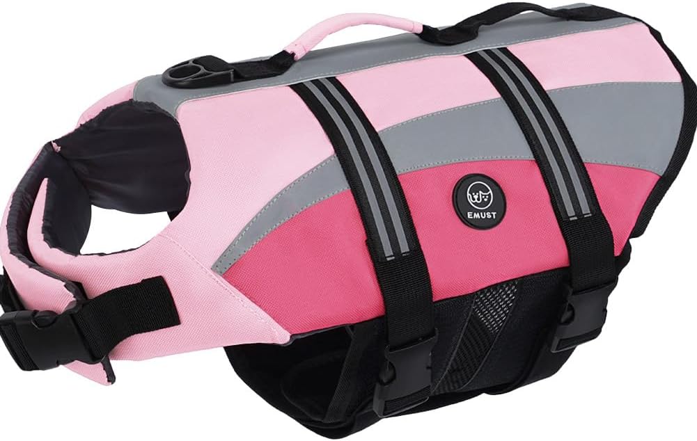 EMUST Dog Life Jacket, High Visibility Dog Life Vests with 2 Rescue Handles – Essentials for Dogs - XXL / NewPink