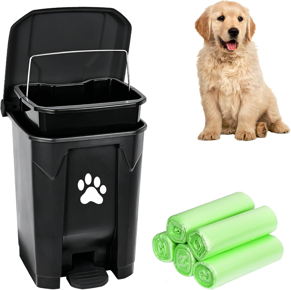 Dog Poop Trash Can Outside with Poop Scooper - Black-Green Bag / 20L