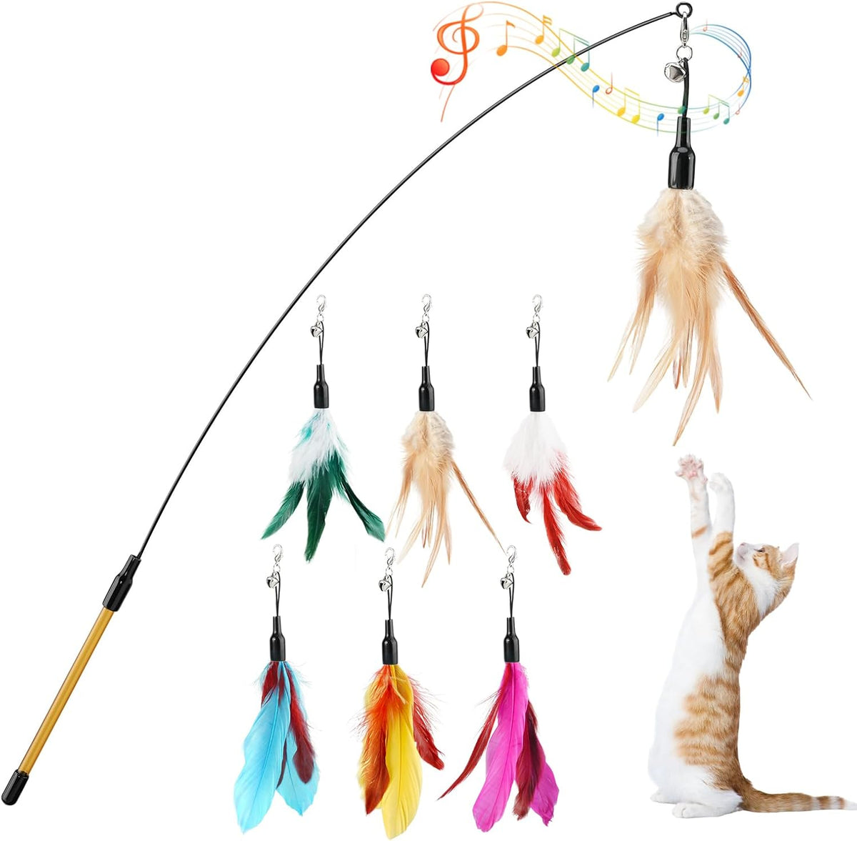 Pawaboo Cat Feather Wand Interactive Toy - Z-Multi-Color Feather Blend-6 Pack