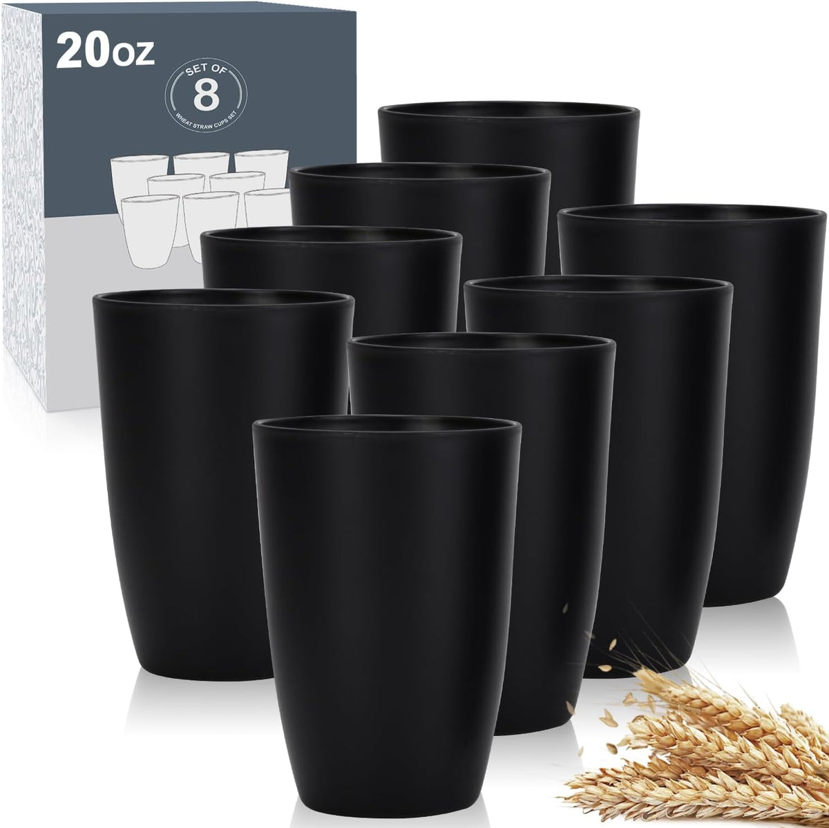 Wrova set of 8 black reusable wheat straw cups, 20 oz, stackable - view 10