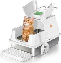 Stainless Steel Cat Litter Box with Lid, Flip-Top XL Large - White