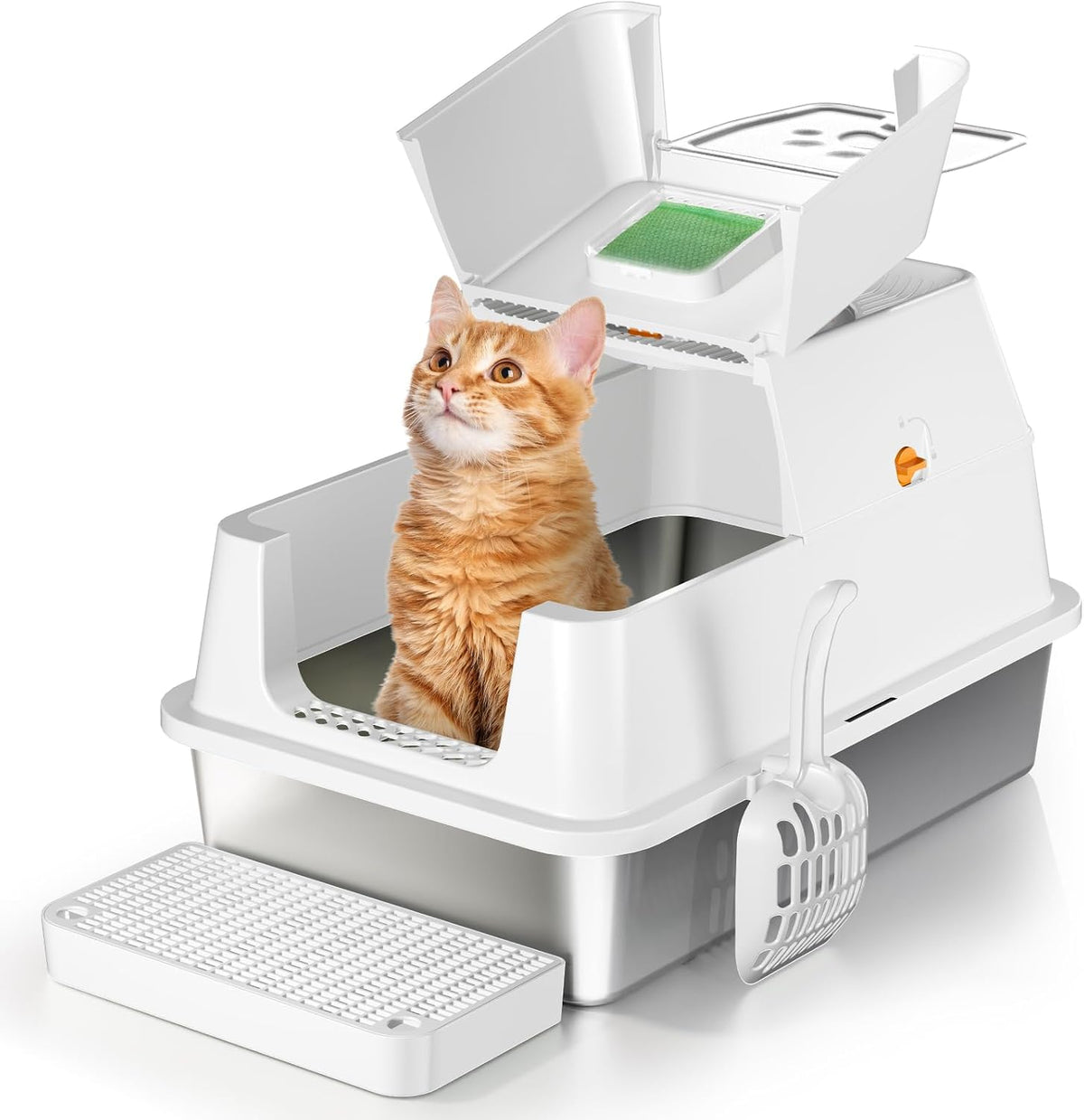 Stainless Steel Cat Litter Box with Lid, Flip-Top XL Large - White