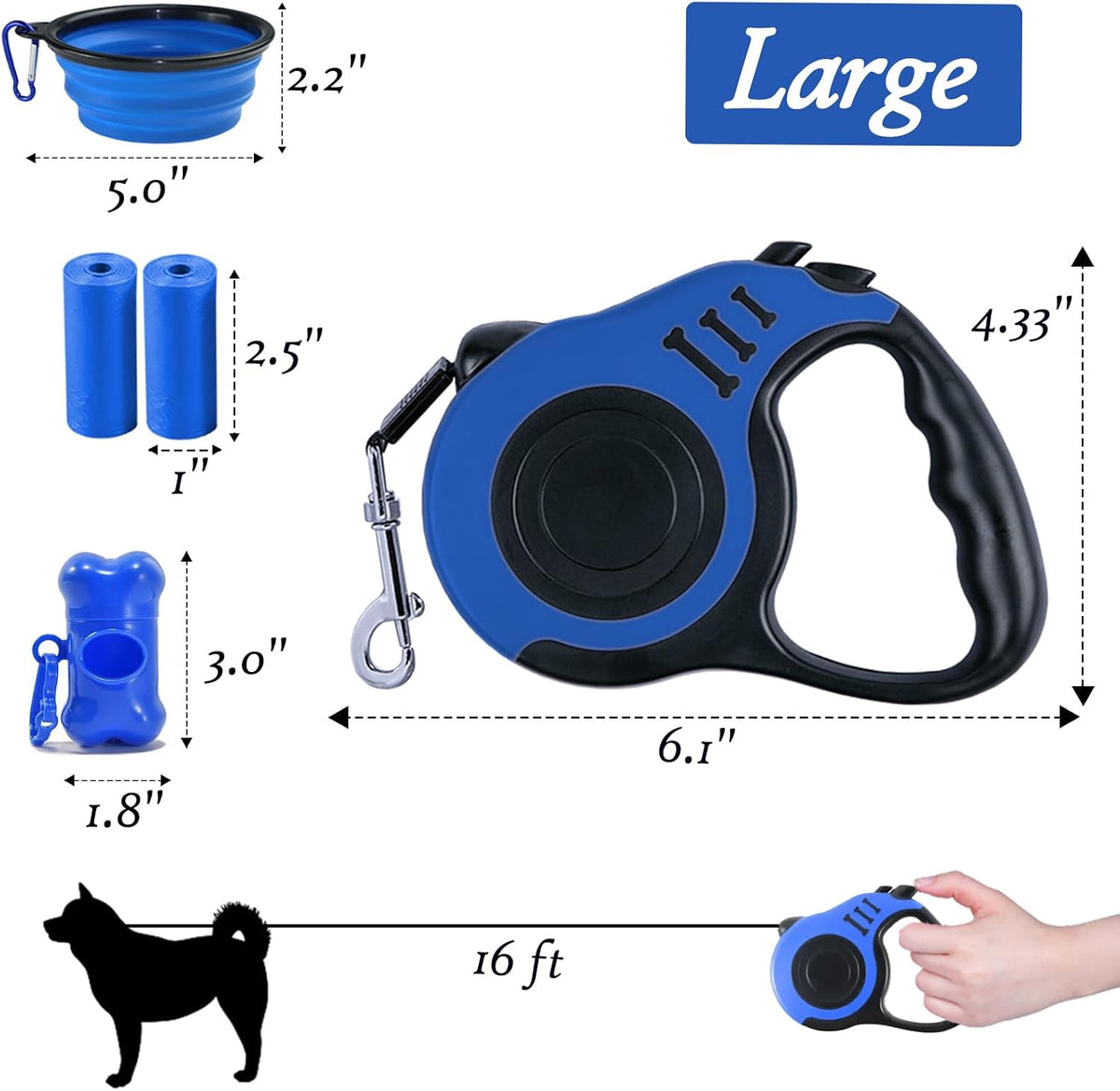 Retractable Dog Leash, 10 FT Dog Leash for Small Medium Dogs up to 22lbs, Pet Tape with Anti Slip - 16ft (for Dogs Up to 33lbs) / Blue - image 2