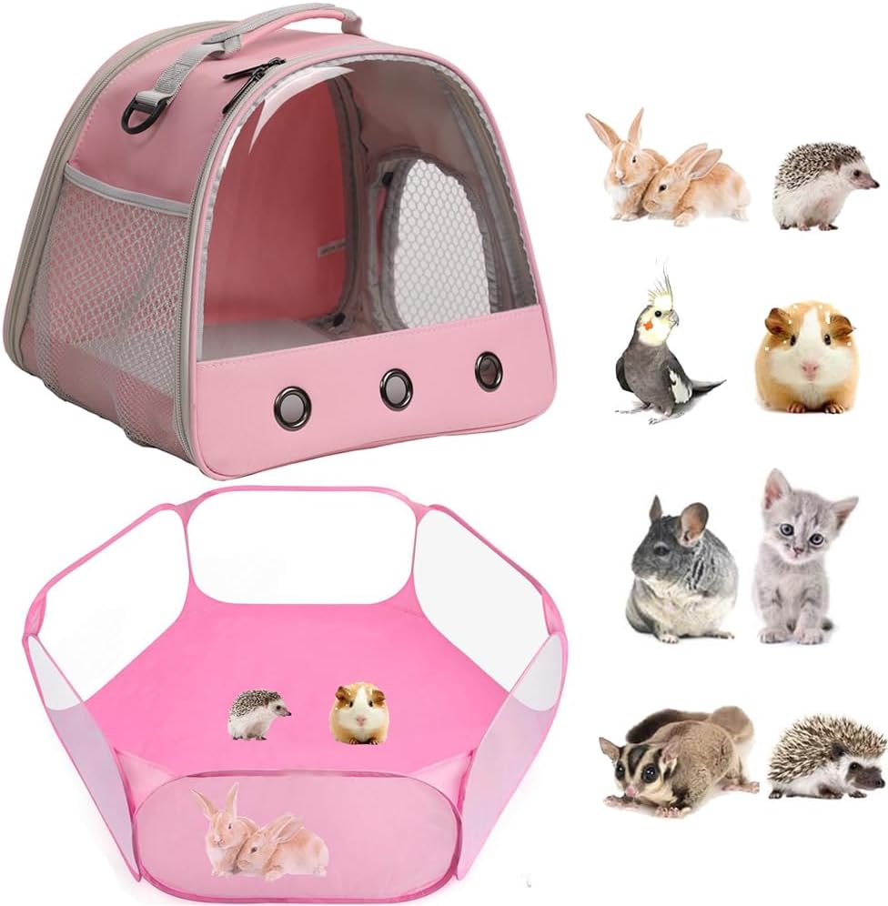 Small Animals Tent, Breathable Transparent Pet Playpen Pop Open Outdoor/Indoor Exercise Fence - Pink / TPU Carrier+Playpen