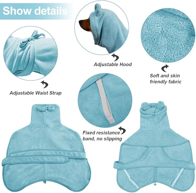 Medium to Large Size Dog Bathrobe, Quick Drying Super Absorbent Used for After Bathing, Warm Dog Towels, Adjustable Hoodies and Belts for Pet Dogs Bath Clothes Products(Blue, 5XL)