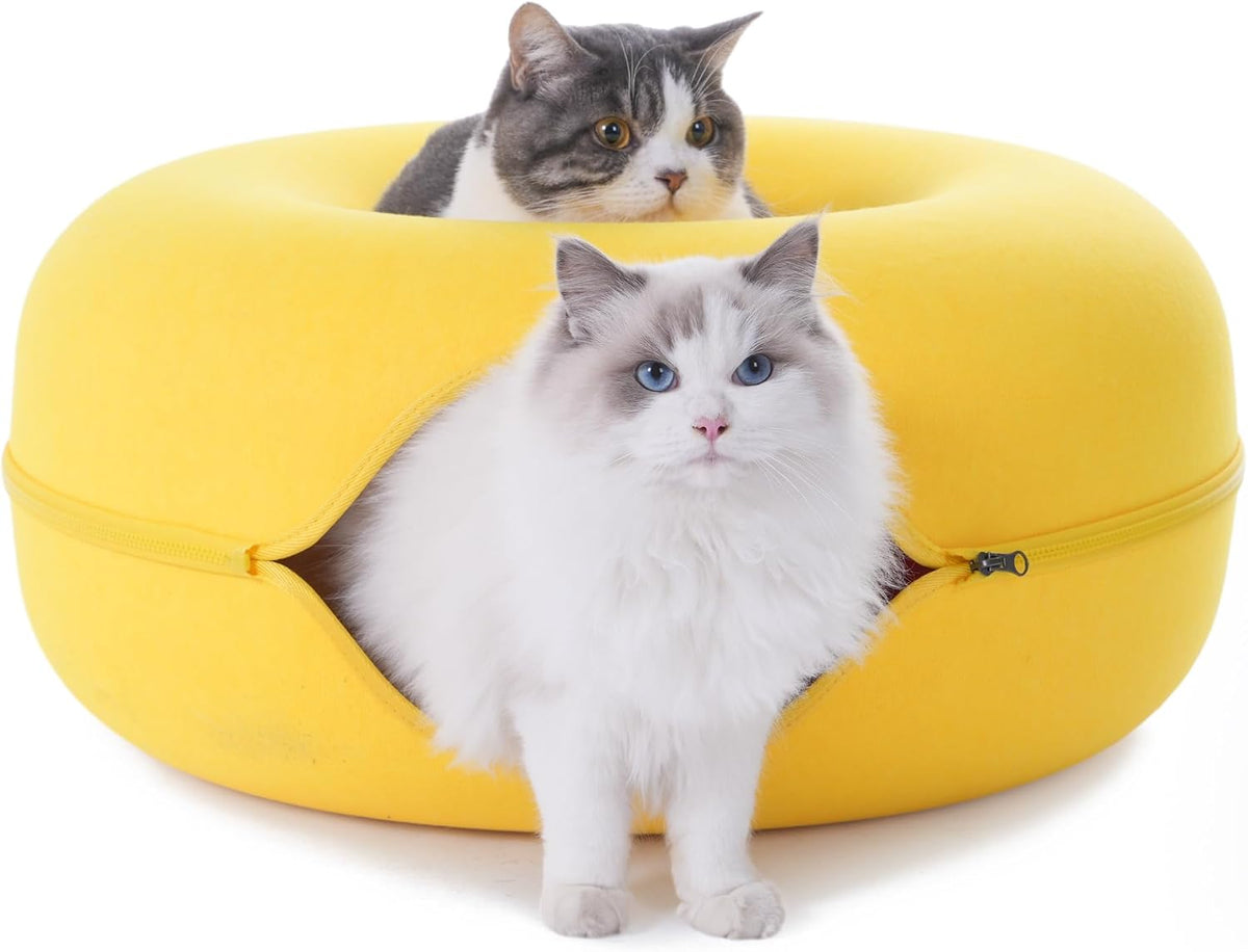 Large Cat Tunnel Bed for Indoor Cats with 3 Toys - L(24x24x11) / Yellow - image 2