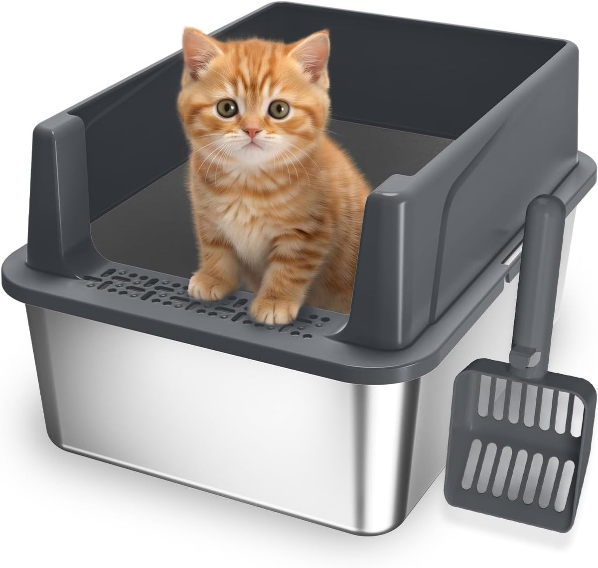AIPERRO Stainless Steel Litter Box with Lid - Dark Grey / Small