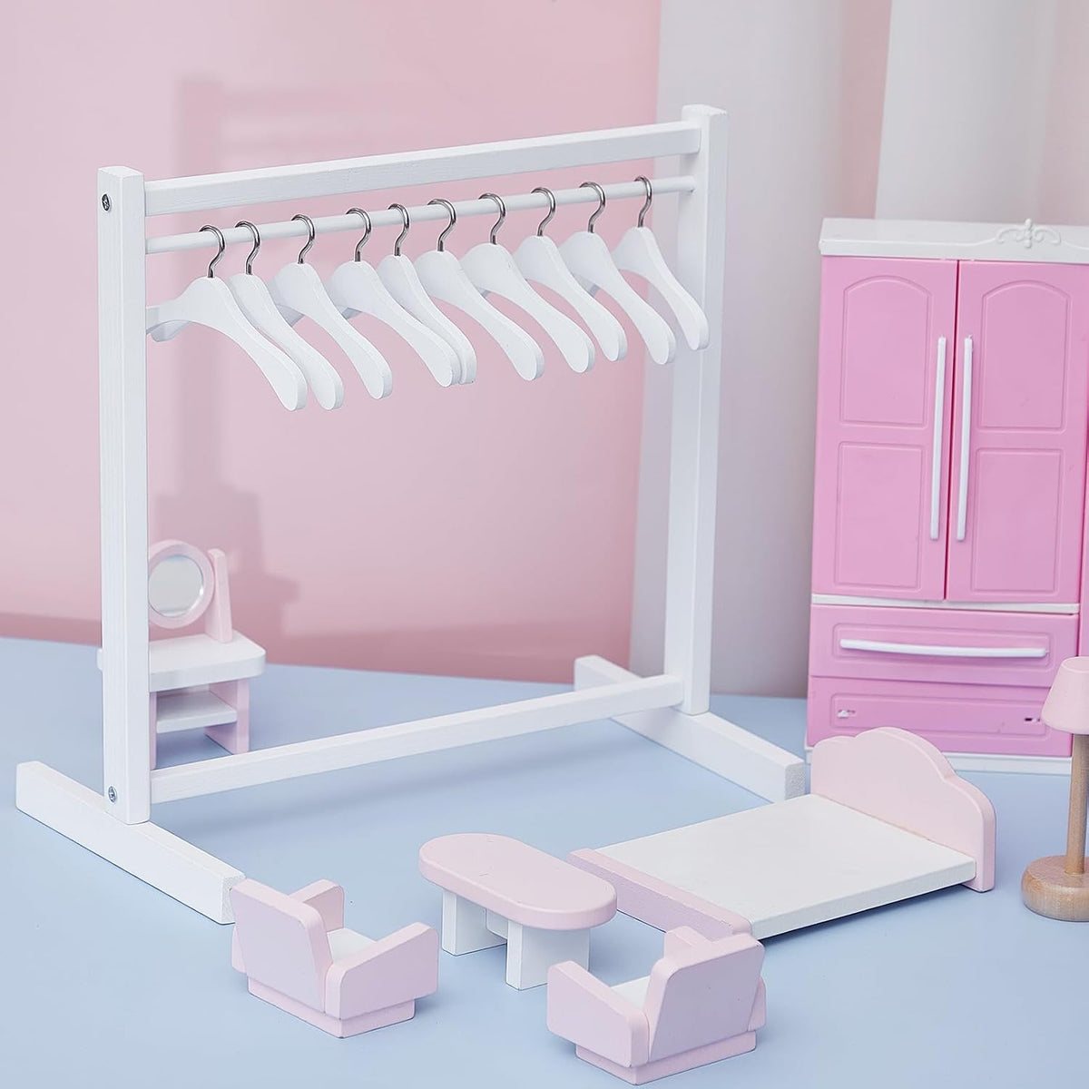 1 Set Doll Garment Rack with 10 Pcs Hangers Clothes Organizer - Wood, White / 22 - image 3