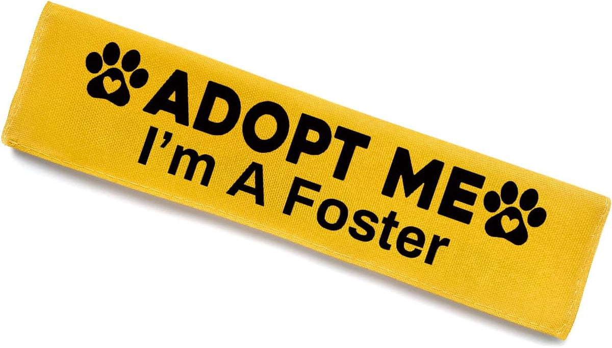 KISJO yellow Adopt Me I'm A Foster dog leash sleeve with hanging ID patch