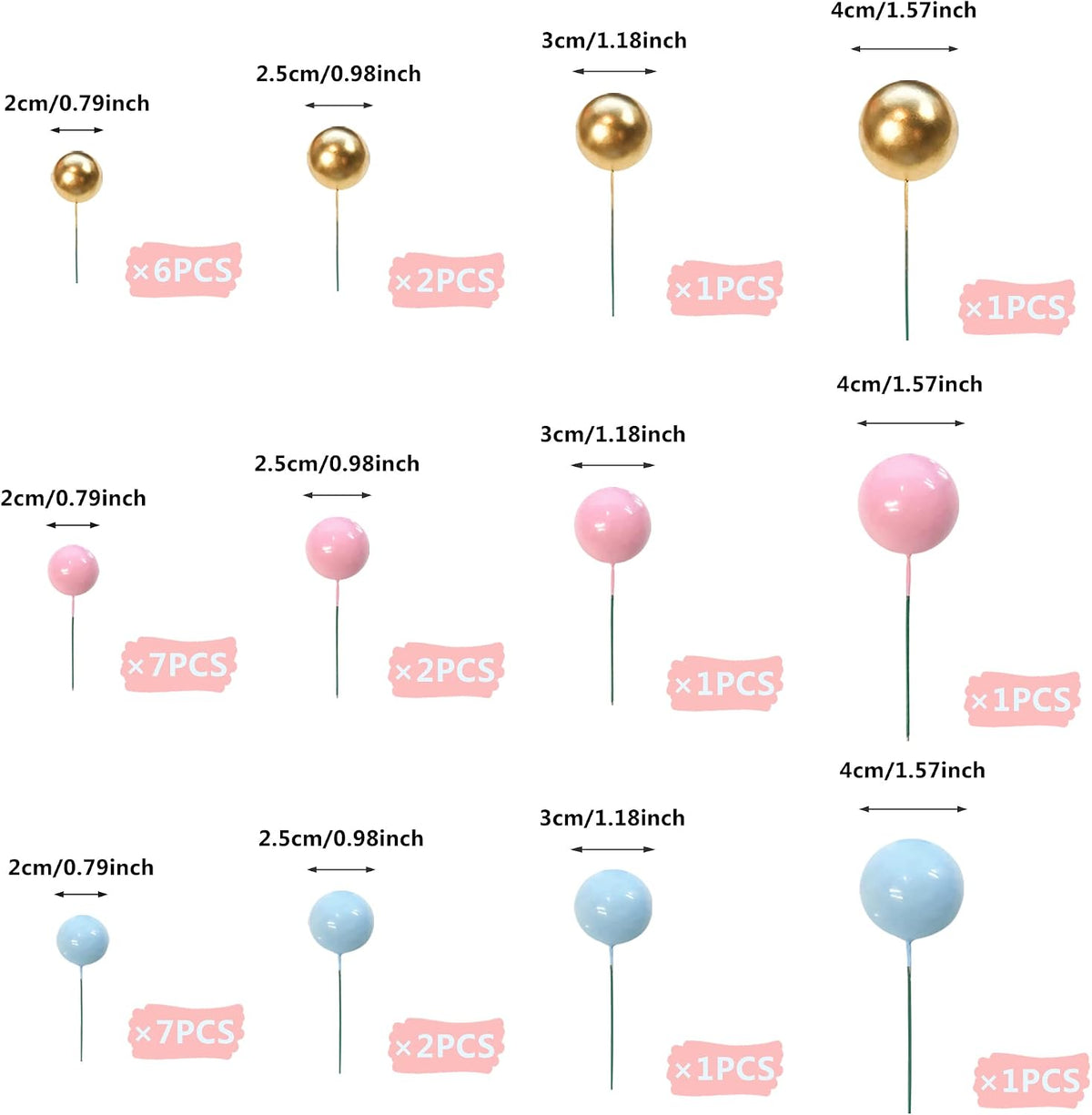 32 PCS Colorful Ball Shaped Cake Topper Pearl Balls Cupcake Cake - Gold Pink Blue - image 2