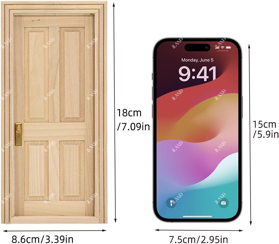iLAND 1:12 scale unfinished wooden dollhouse door with 3D acrylic windowpane and gold handle - view 18