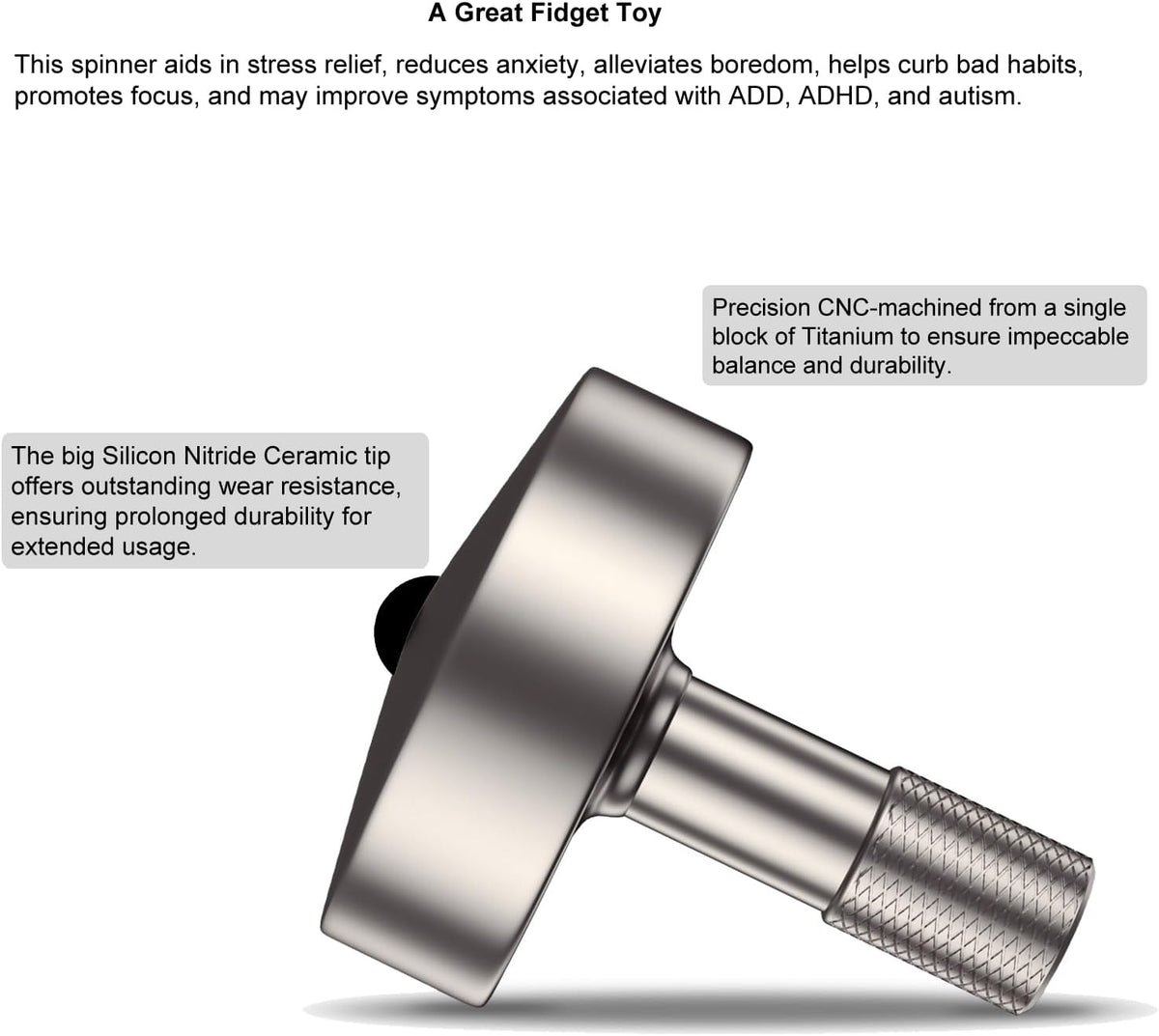 DjuiinoStar CNC machined stainless steel spinning top with ceramic tip and knurled grip - view 6