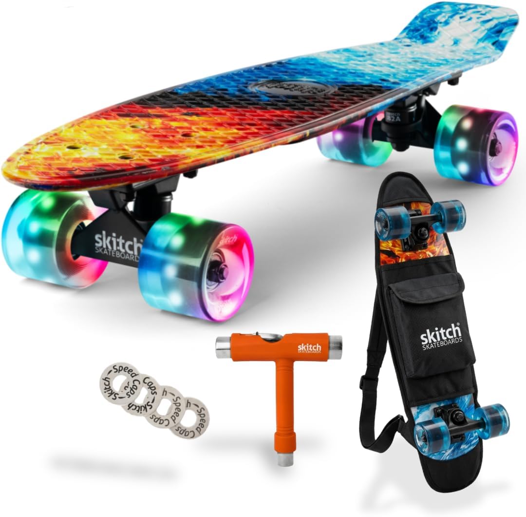SKITCH Skateboards for Kids, Teens and Adults - Wildfire Blaze LED+