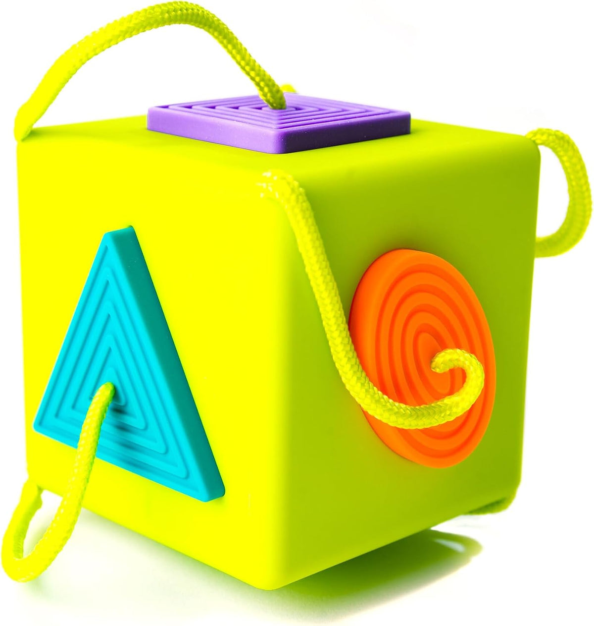 Fat Brain Toys OombeeCube baby shape sorter with six tethered textured silicone shapes