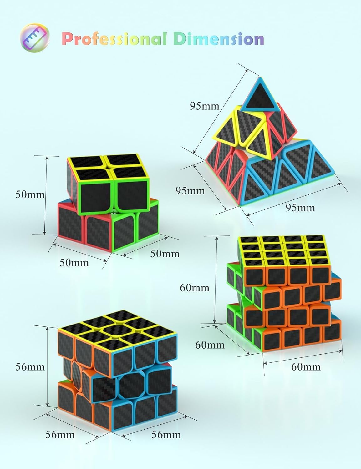 Speed Cube Set, ROXENDA 2x2 3x3 4x4 5x5 Skew Megaminx Pyramid Cube Bundle – Fun for Kids & Family - 4 Pack Carbon Fiber - image 2