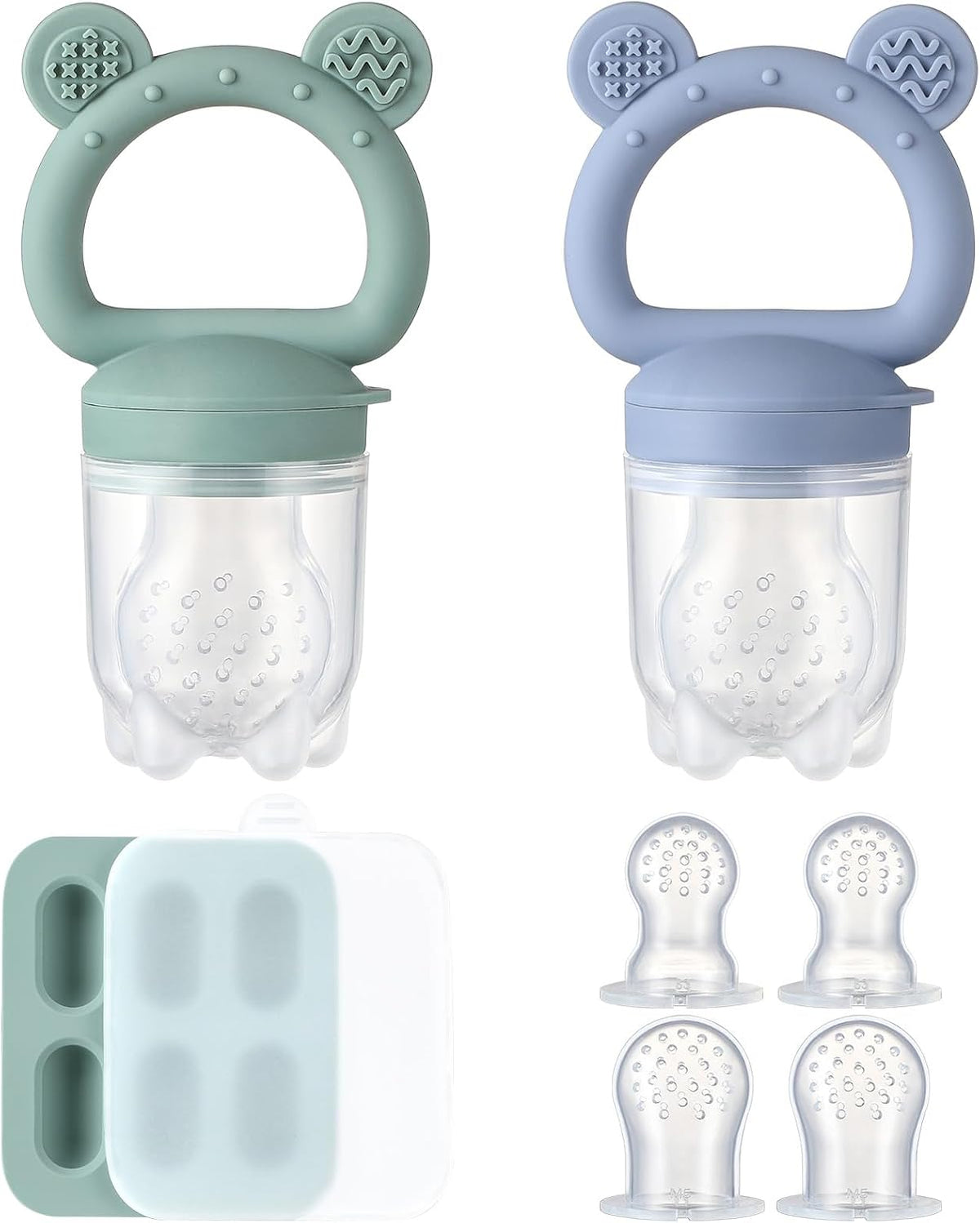2 Pack Silicone Baby Fruit Feeder with Mini Freezer Tray - Blue/Green