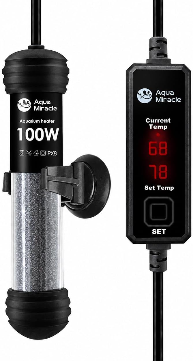AquaMiracle 100W Small Aquarium Heater Dual LED Display for 10-20 Gal - For 10-20 Gal Aquariums