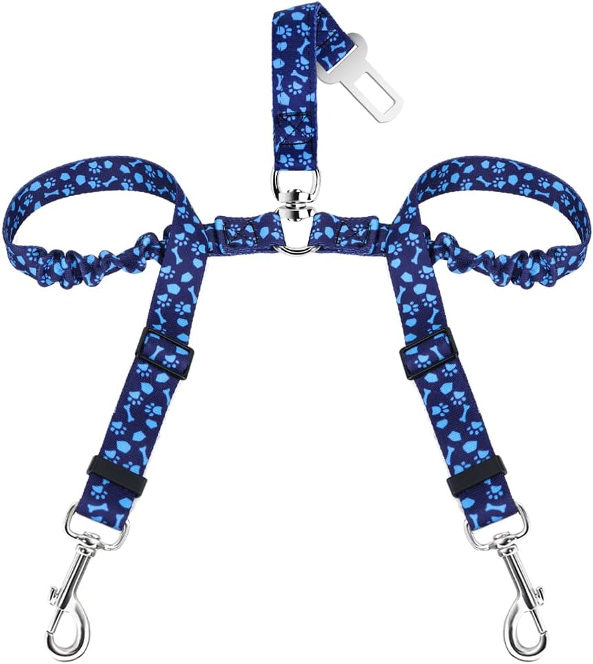 SlowTon Double Dog Seat Belt for Car with Elastic Bungee Buffer - I.Blue Paws / 2 Small in 1