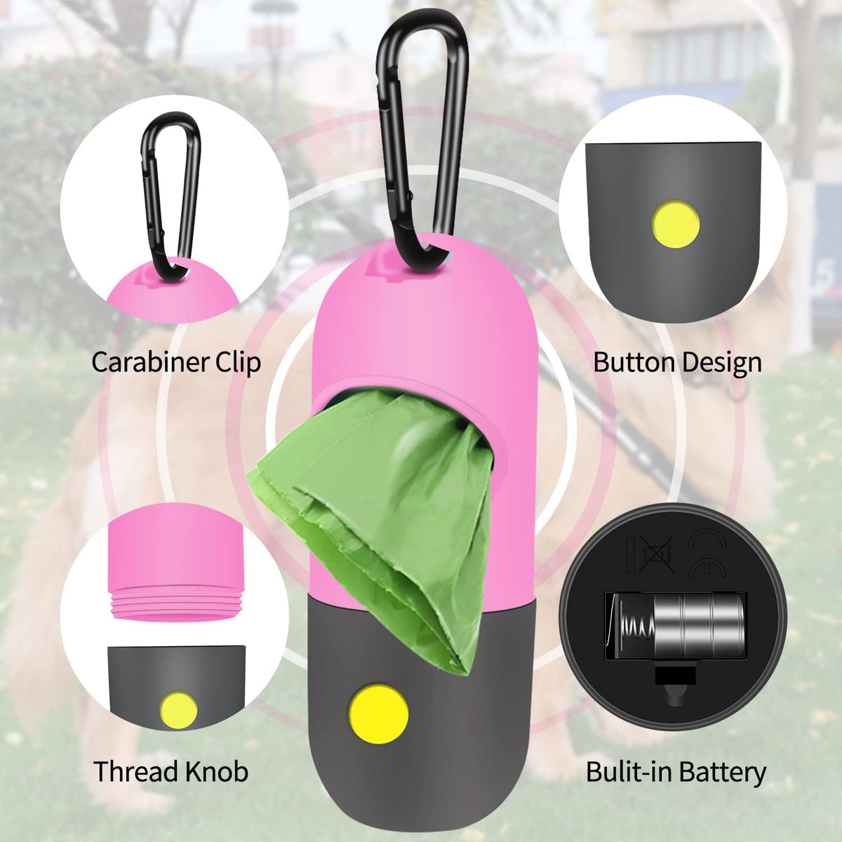 2 Pack Dog Poop Bag Dispenser with Built-in LED Flashlight - Pink - image 3