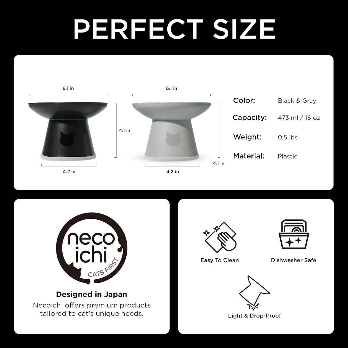 Necoichi BPA-Free Extra-Wide Elevated Cat Food Bowls - Black and Gray (Urban Fog) - image 2