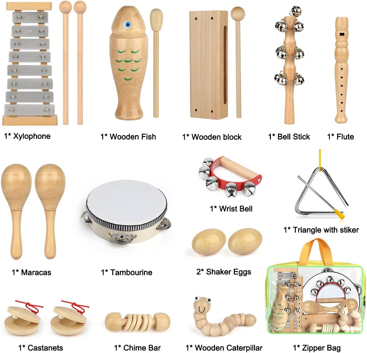 Kaqinu 23 piece wooden musical instruments for kids with xylophone and tambourine - view 4
