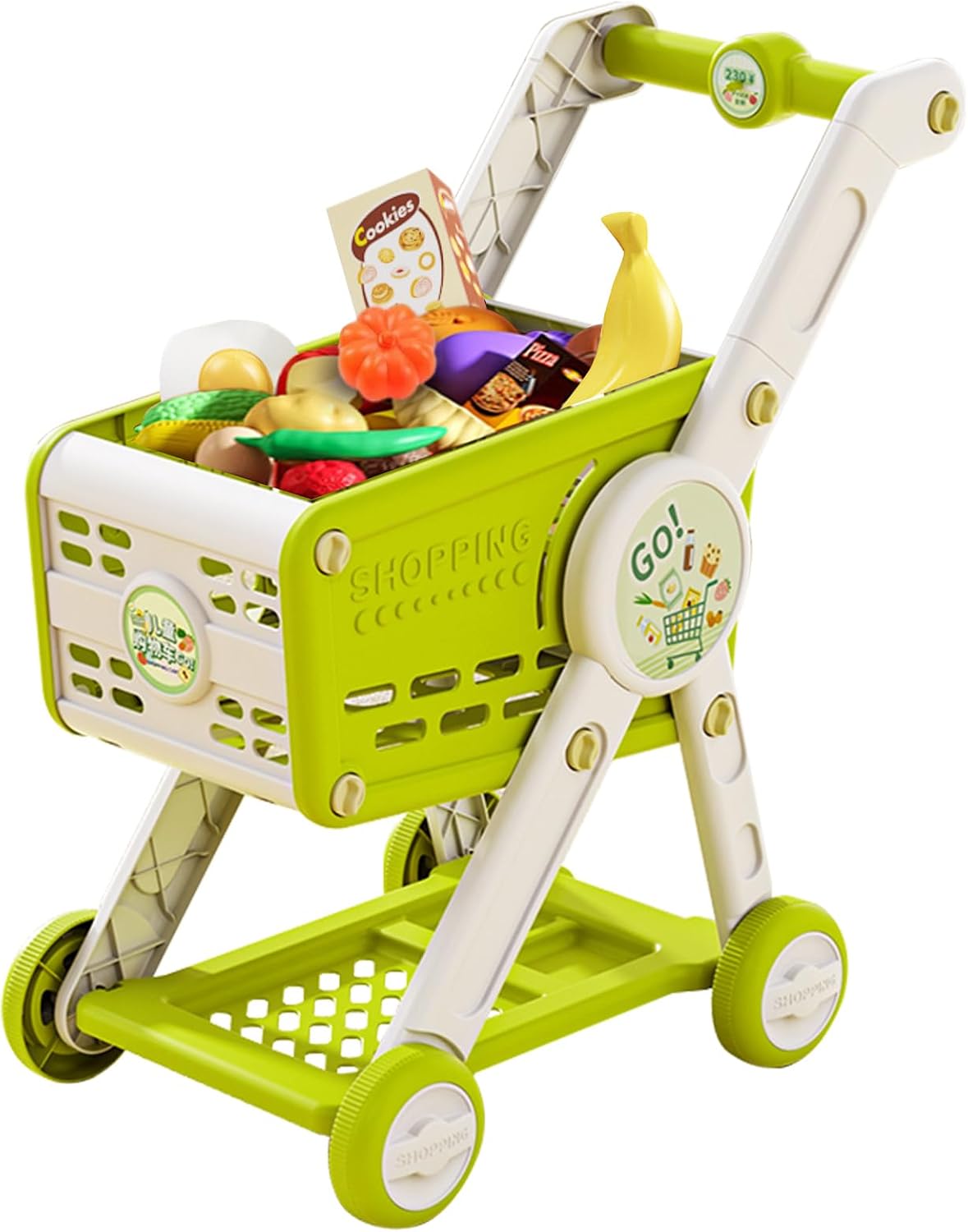 INSHUEY green shopping cart for kids filled with 30 play food pieces
