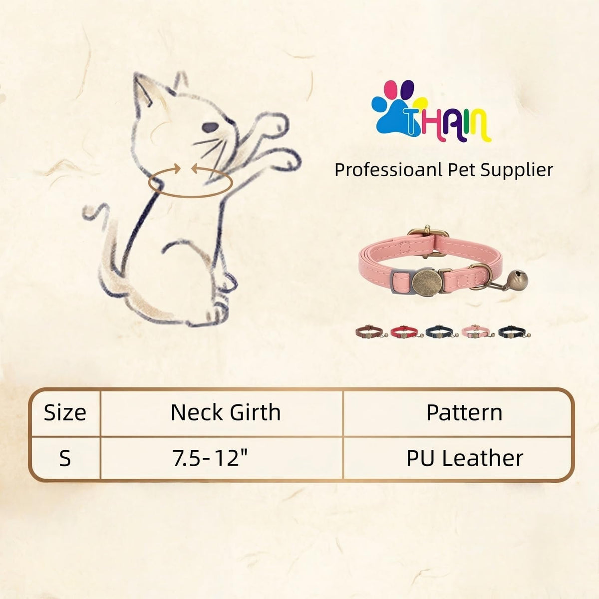 THAIN Leather Cat Collar with Bell Breakaway, Adjustable - Brown - image 2