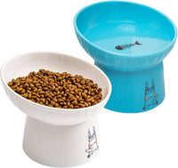 6.5 Inch Extra Wide Ceramic Raised Cat Bowl Set - White & Blue