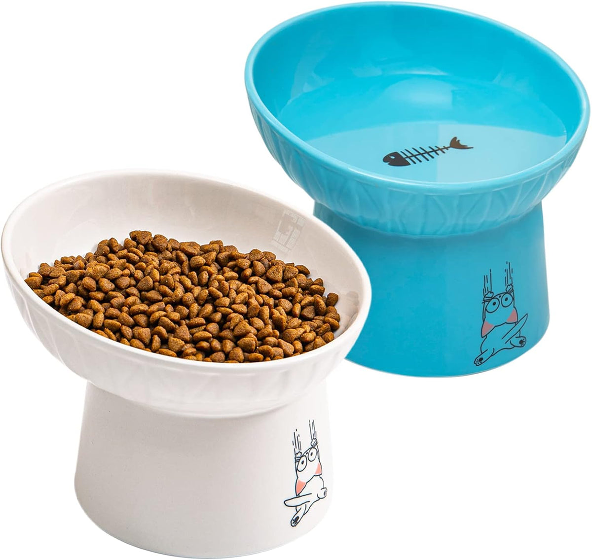 6.5 Inch Extra Wide Ceramic Raised Cat Bowl Set - White & Blue