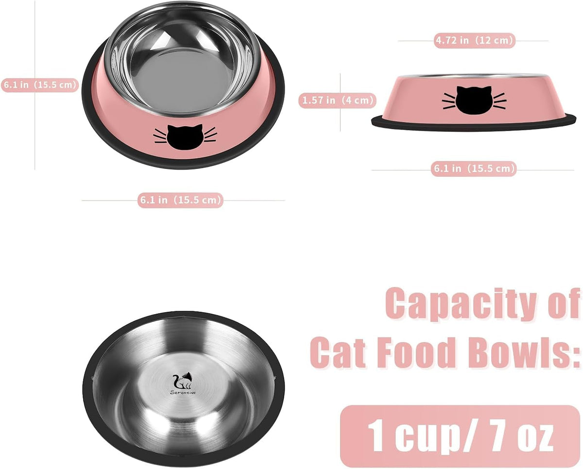 Serentive 2 Pcs Non-Slip Stainless Steel Small Cat Food Bowls - Pink / 7 oz - image 2