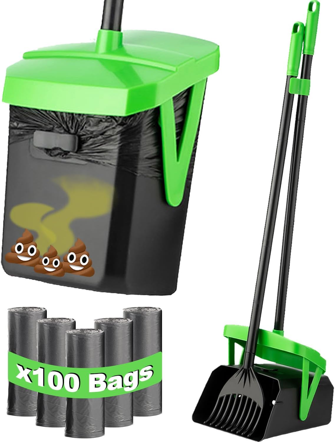 FUSBUNTY Dog Pooper Scooper, Swivel Bin & Rake Set with 100 Bags - Green