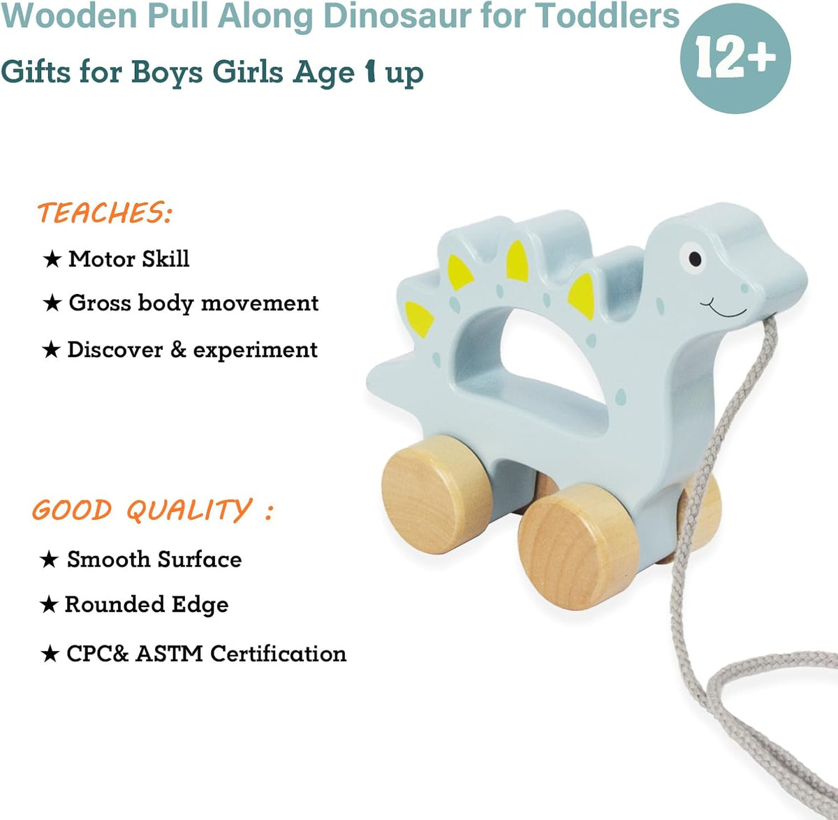 Baby Toys Car,Wooden Pull Along Toy for Toddlers 1 2 3 Year Olds – Fun for Kids & Family - Dinosaur - image 2