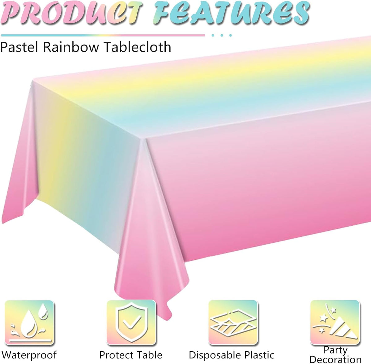 BHEYA pastel rainbow tablecloth with gradient colors on a rectangular party table - view 4