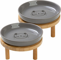 Shallow Wide Elevated Cat Bowls Whisker Fatigue – Essentials for Cats - Grey / Plate with stand(set of 2)