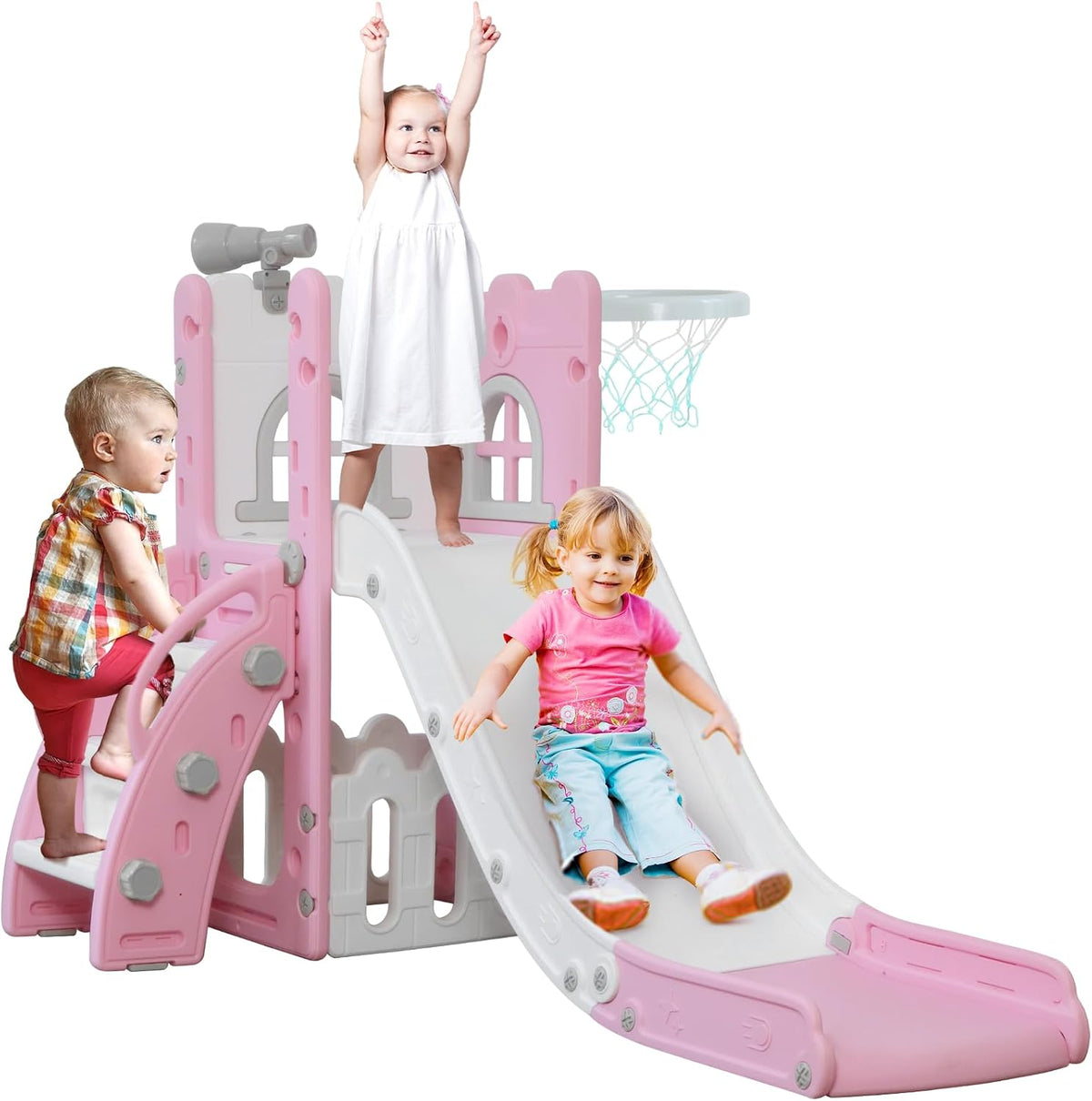 MOCUTEEN toddler slide with climber, basketball hoop, telescope and wide wave slideway
