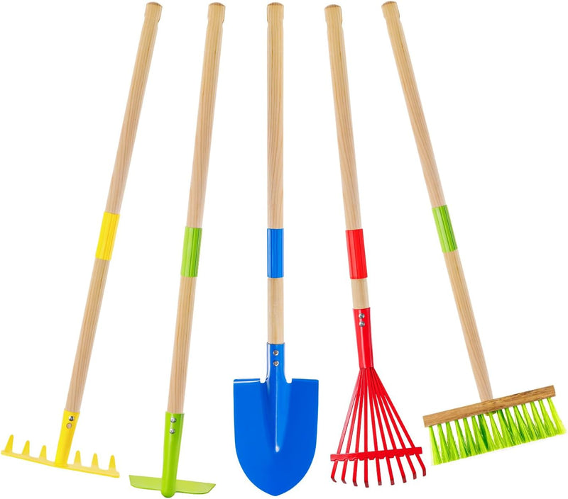 Theefun kids garden tool set with hoe, rake, shovel, leaf rake and broom