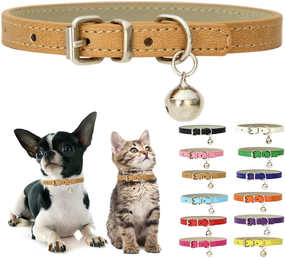 Purple XS Cat Collar with Bell - Khaki / M for Neck 12"-14.5"